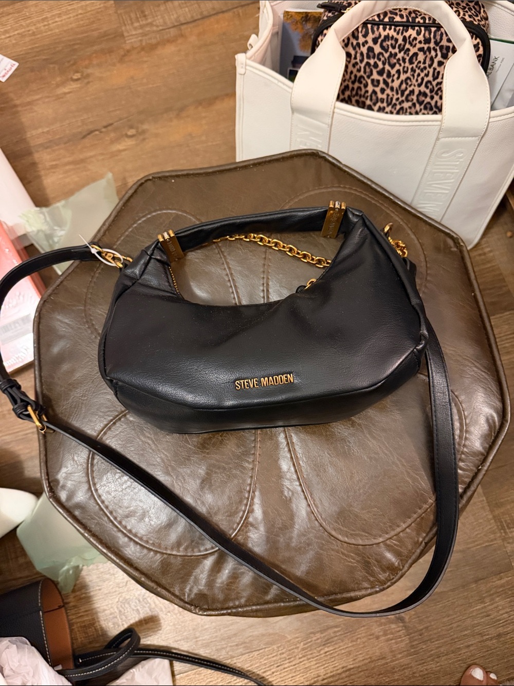 Steve Madden Black Leather Shoulder Bag with Gold Chain Accent